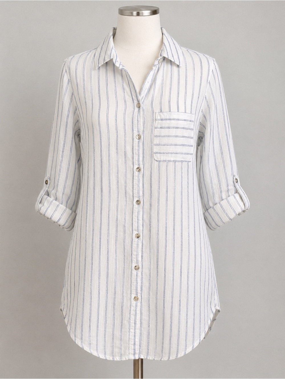 100% Linen C&C California Stripe Button Front Tunic Shirt Roll Tab XS White Blue